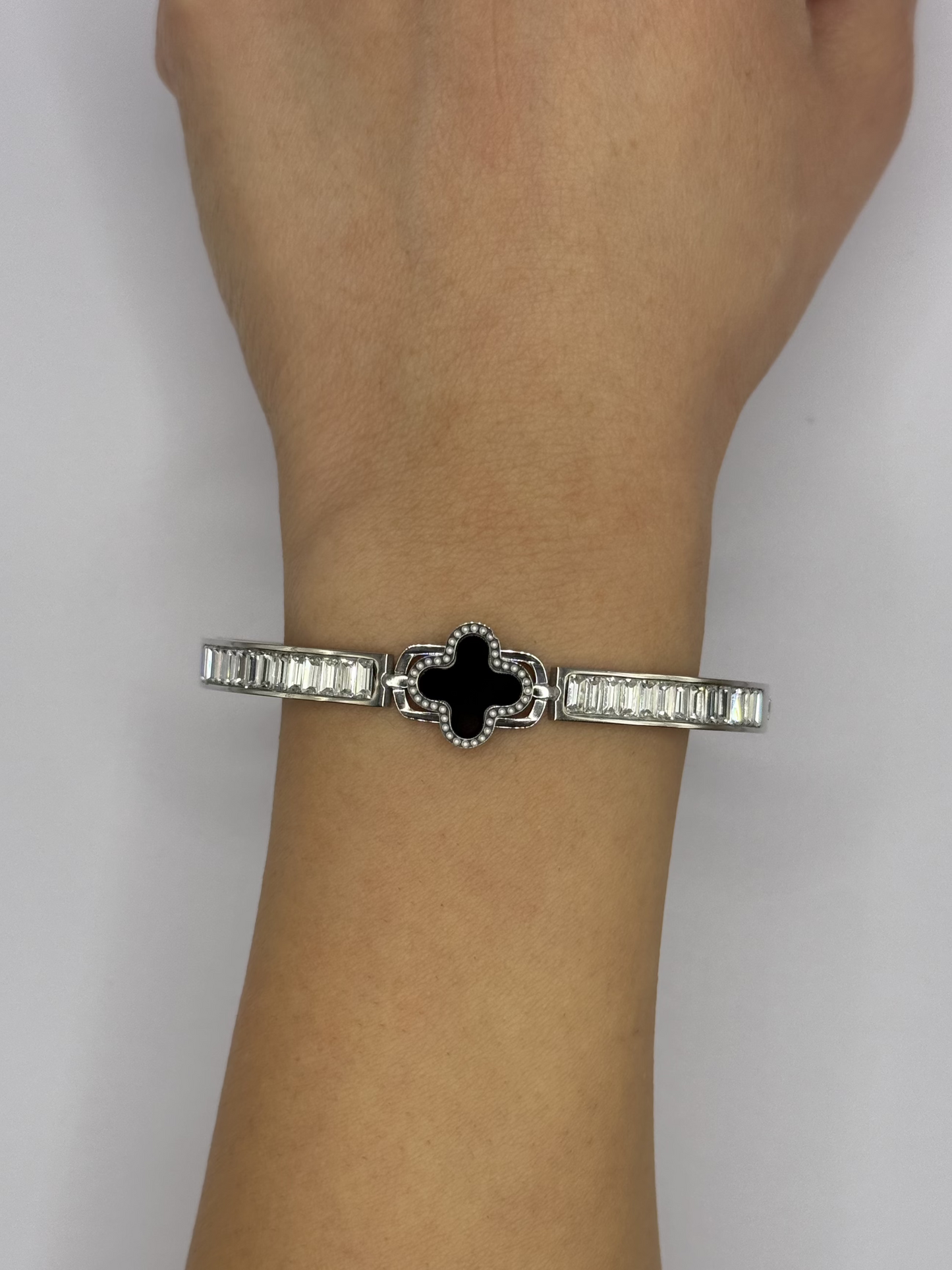 Diamond Clover Cuff Bracelet- Silver